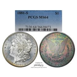 1881-S $1 Morgan Silver Dollar Coin PCGS MS64 Amazing Toning