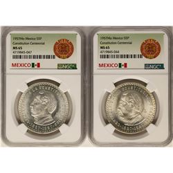 Lot of (2) 1957Mo Mexico 5 Pesos Constitution Centennial Silver Coins NGC MS65