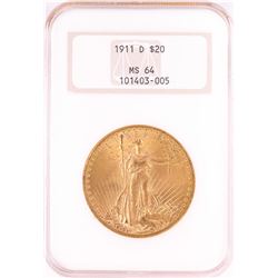 1911-D $20 St. Gaudens Double Eagle Gold Coin NGC MS64
