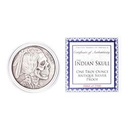 United Snakes of America Indian Skull 1 oz Antique Silver Proof Round w/COA