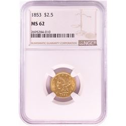 1853 $2 1/2 Liberty Head Quarter Eagle Gold Coin NGC MS62
