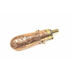 Mid-19th century French powder flask marked “PQ. F. A Paris” with embossed copper body showing sta