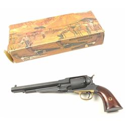 Pietta 1858 Remington reproduction black powder revolver, #A19966, matte black finish with brass t