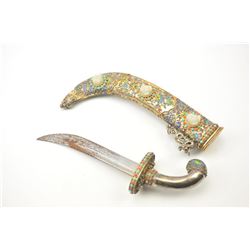 A beautiful Chinese Qing Dynasty Jade, Coral, Turquoise and enamel mounted silver gilt dagger. Mea