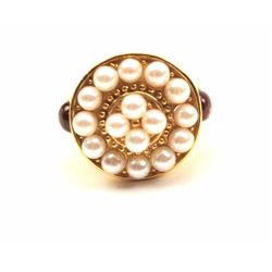 One beautiful hand crafted cluster pearl ring set with 2 pink sapphire cabochons in 18 k gold Est: