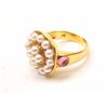 Image 2 : One beautiful hand crafted cluster pearl ring  set with 2 pink sapphire cabochons in 18 k  gold Est: