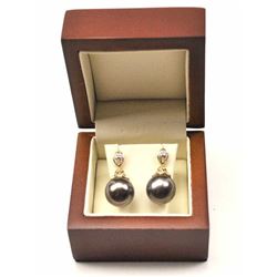 One pair of very fine Tahitian 12.5mm black pearl drop earrings, beautifully designed in 14k yello