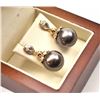 Image 2 : One pair of very fine Tahitian 12.5mm black  pearl drop earrings, beautifully designed in  14k yello