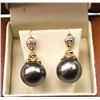 Image 3 : One pair of very fine Tahitian 12.5mm black  pearl drop earrings, beautifully designed in  14k yello