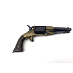 E.A. Prescott brass frame, .31 caliber percussion revolver with a 4 ¼” octagon barrel. The pistol