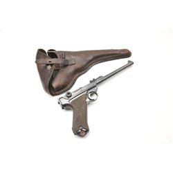 1916 dated DWM Artillery Lugar semi-automatic pistol, 9mm caliber, Serial #7245. The pistol is in