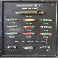 U.S. Ordnance Instructional board featuring cut-a-way 40mm artillery rounds. The board spans WWII