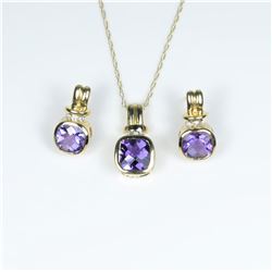 Stylish Amethyst and Diamond Pendant and Earring Ensemble featuring 3 checkerboard cut Amethyst ac