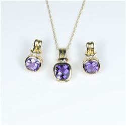 Stylish Amethyst and Diamond Pendant and  Earring Ensemble featuring 3 checkerboard cut  Amethyst ac