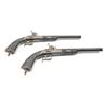 Image 1 : Pair of mid-19th century percussion  Dueling/Target pistols with fined carved  ebony stocks, blue an