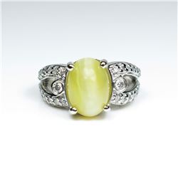 Captivating RARE Chrysoberyl Cats Eye and Diamond Ring featuring a honey colored cabochon Chrysobe