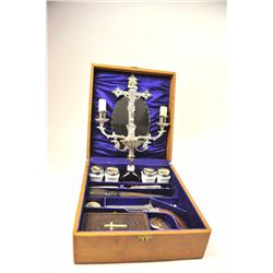 Antique Vampire kit in wooden case, including a crucifix with two candles and a holy water font wh