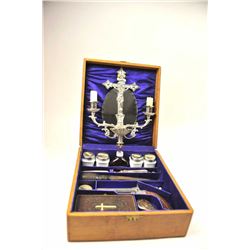 Antique Vampire kit in wooden case, including  a crucifix with two candles and a holy water  font wh