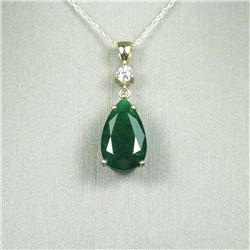 Elegant 8.50 carat Emerald and Diamond pendant featuring a richly colored pear shaped Emerald acce