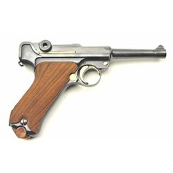 9mm Luger by DWM, S/N 2166 showing excellent old German factory quality refinish with Siamese proo