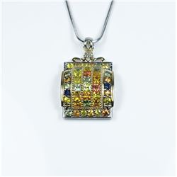 Colorful Rainbow Sapphire Pendant featuring 40 round cut Sapphires in blue, yellow, pink and orang