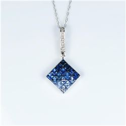 Stunning Extra Fine Blue Sapphire and Diamond Pendant featuring 16 princess cut Sapphires invisibl