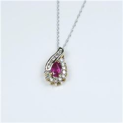 Colorful Natural Ruby and Diamond Pendant featuring pear shaped Ruby accented with 15 round cut Di