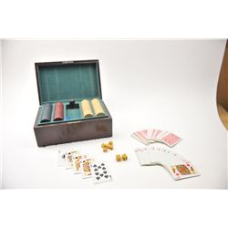 Vintage Gambler’s wooden box with clay poker chips, cards, dice and an 1870’s Otis Smith antique r