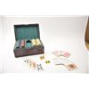 Image 1 : Vintage Gambler’s wooden box with clay poker  chips, cards, dice and an 1870’s Otis Smith  antique r