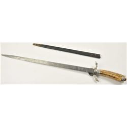 German stag gripped hunting dagger Hirschfanger with etched blade. Late 19th to early 20th century