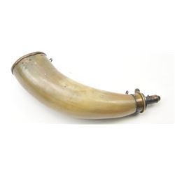 A large 19th century American or English powder horn with Dixon adjustable charger. Brass plug. Me
