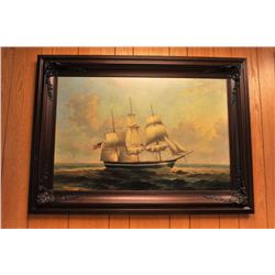 Original oil on canvas of a fully rigged three-masted sailing ship by James Poole. The work is 36