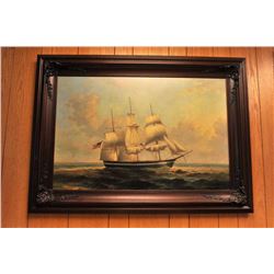 Original oil on canvas of a fully rigged  three-masted sailing ship by James Poole.   The work is 36