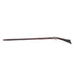 Full stocked percussion Kentucky rifle with barrel engraved “A.M.” in script. The lock is marked “