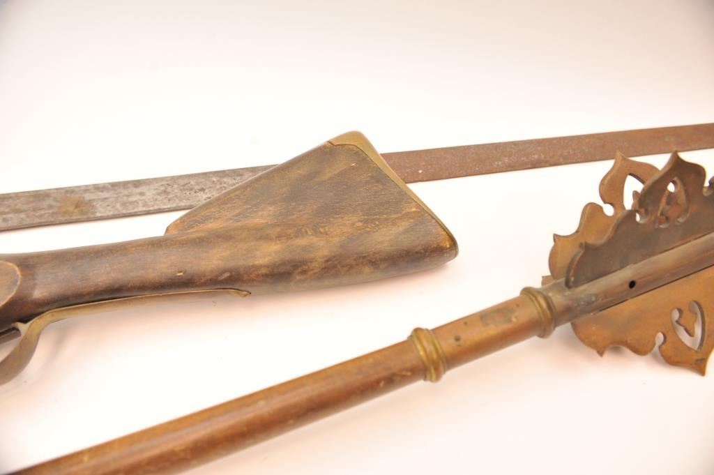 Weapons Reproduction Lot of old, reproduction weapons including a mace, two-handed sword and ...