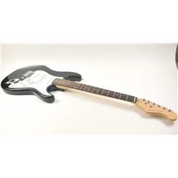 Fender Stratocaster style solid body electric guitar with a black body, Maple neck with Rosewood f
