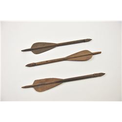 Three iron crossbow bolts with wood flights. Showing great age and possibly 18th century or earlie