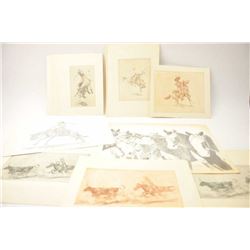 Lot of 11 cowboy and western etchings by Edward Borein in various sizes on heavy rag paper. The p