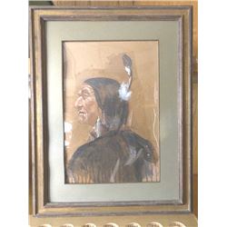 Watercolor of an Indian brave by noted Cody, Wyoming artist Glen S. Hopkinson. The piece is signe