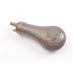 Pocket model size flask by American cap and flask co. with eagle and E. Plurbis Unum in banner. Go
