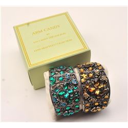 2 wide Fashion bracelets set with green stones and yellow stones beautifully fabricated by bracele