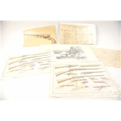 Print lot including firearm schematics of Vetterli, Winchester and Colt guns. The lot also includ