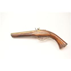 Reproduction flintlock pistol with 7” brass colored octagon barrel of approximately .45 caliber an