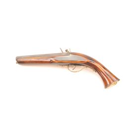 Reproduction flintlock pistol with 7” copper colored octagon barrel of approximately .45 caliber