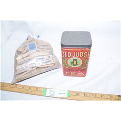 Clothes Pins and Reproduction Tea Tin