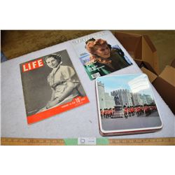 Life Magazine Feb 14 1938, 1986 Majesty Magazine and 1950s Biscuit Tin Royal Guard Cover