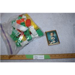 13 Single and 39 Double Building Blocks 1960s & 3x4" Gold Cigarette Case Painted Cushion Top 1950s