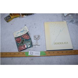 Clear Glass Eye Wash Cup, 1965 Sea World Souvenirs, Hardcover Desiderata by Max Ehrmann 1975