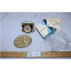 West Clox Travel Alarm w/ Leather Case and Original Box from 1963 with Tri-Gold Belt Buckle 1970s