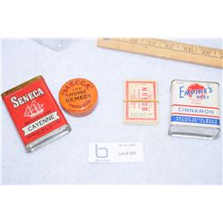 4 Tins: Mecca Ointment, Empire Cinnamon, Seneca Cayenne Pepper, and Nabob Coupons